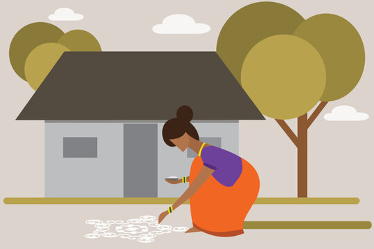 A traditionally dressed girl making kolam on the floor during the month of Margazhi. Floral pattern. Flat design.