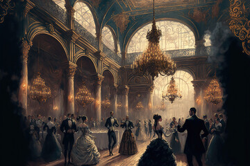 Generative AI : a grand Renaissance Ball in progress. Costumed ball. Medieval dresses