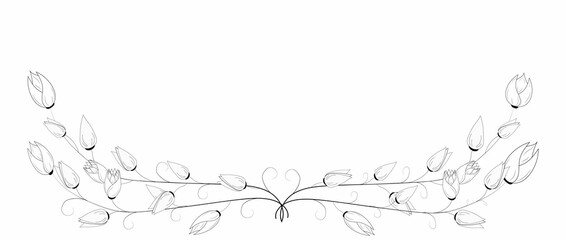 A branch of decorative flowers, tulips, flowers and buds. Contour hand drawing. With space for text. Can be used as a frame, template, background, for invitations.