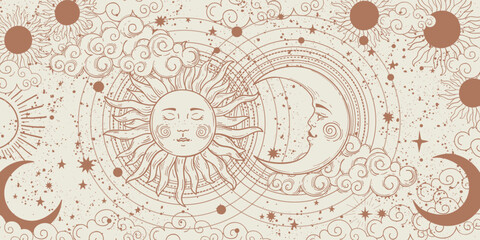 Heavenly background with sun and moon with face, boho banner for astrology, zodiac, tarot. Hand drawn card in natural pastel colors, magic vector illustration for design.