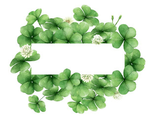 Frame,Watercolor clover, white background and little flowers vector pattern.