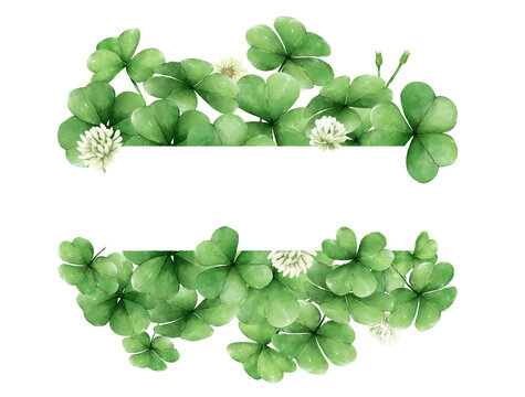 Frame,Watercolor clover, white background and little flowers vector pattern.