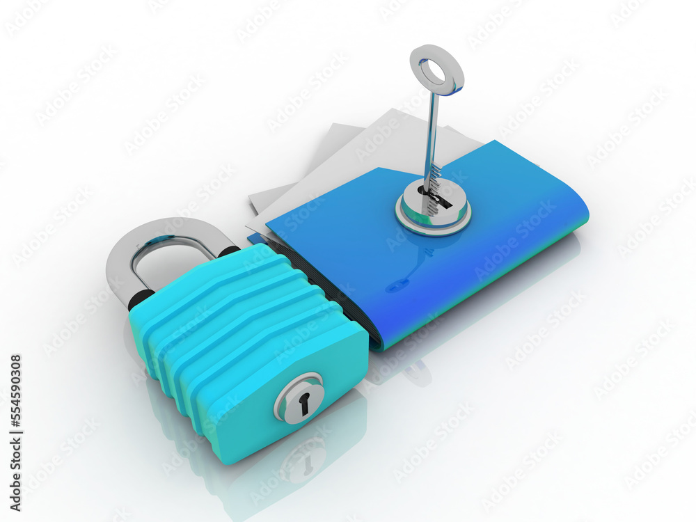 Poster 3d rendering yellow folder and lock and key. data security concept