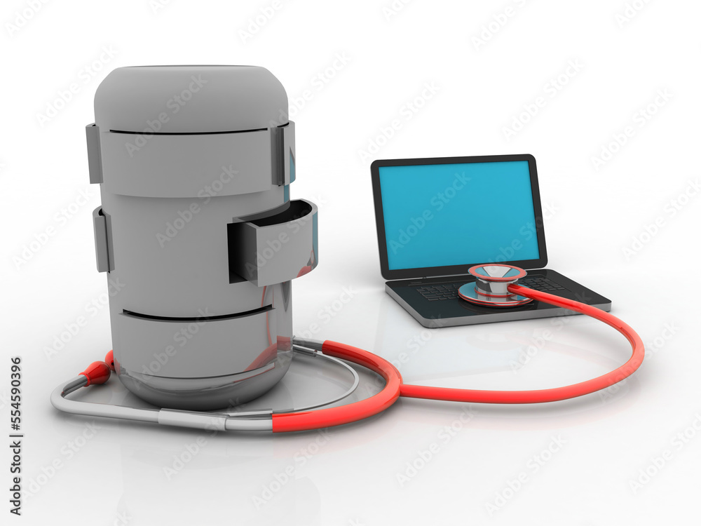 Poster 3d rendering database storage data base in laptop connected stethoscope