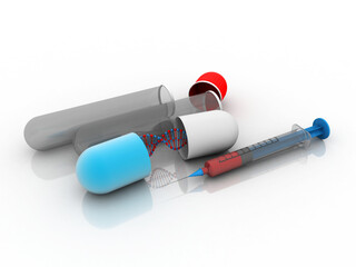 3d render of dna structure with capsule near Syringe
