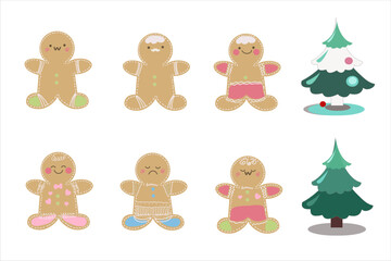 Gingerbread cookies on white background. Gingerbread cookies. Winter homemade sweets in shape of house and gingerbread man, tree and reindeer, star and snowflake, jingle bell and heart. Cartoon