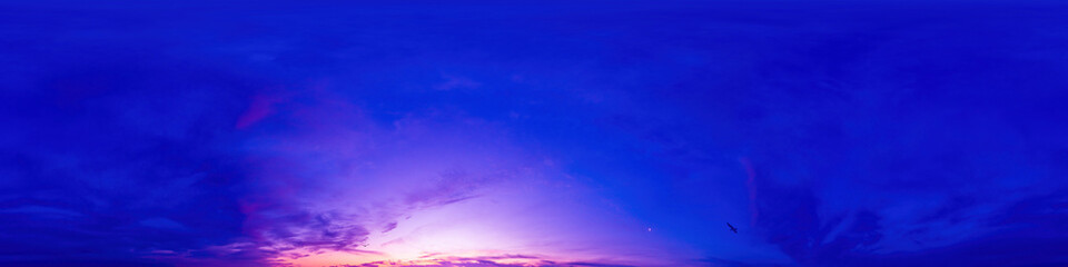 Dark blue magenta sunset sky panorama with pink Cumulus clouds. Seamless hdr 360 pano in spherical...