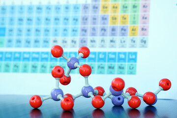 Simulate Shape of covalent molecules on a periodic table background. Soft and selective focus. 