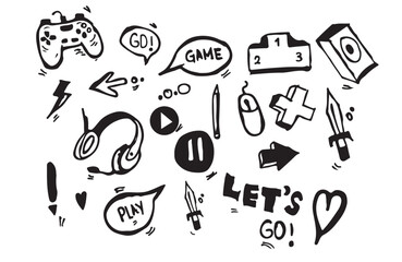 Set of video game doodles icons hand drawn