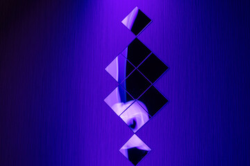 symbol on blue background. blue and white arrows. light reflection in the mirror. neon symbol and light trails. Color background. pattern in triangle mirror. abstract art. purple texture. light art. 
