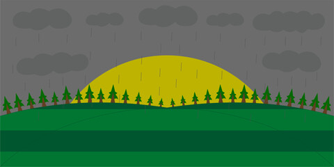 rainy morning grey sky with sun and clouds and trees crazy flat scenery vector illustration