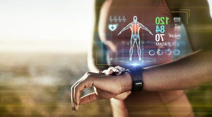 Fitness hands, smart watch or future data on healthcare workout, body training or exercise heart...