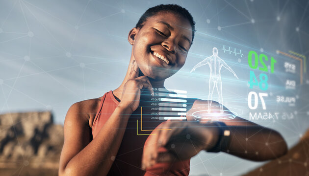 Black Woman, Fitness Or Futuristic Smart Watch In Pulse Check, Heart Rate Or Healthcare Management, Sunset Workout Or Training Exercise. Happy Smile, Sports Runner Or Timer Tech 3d Of Body Biometrics