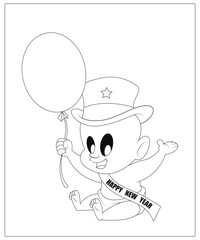 Funny Happy new year coloring page ,coloring book page ,line art ,vector tracing 