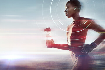 Black woman, water bottle or running earphones for futuristic motivation, sound waves or energy...