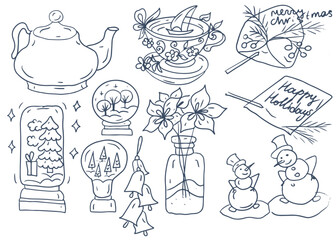 Poinsettia in a vase flowers New Year's Christmas decorations feast separate elements doodle sketch hand drawn on a white background coloring book