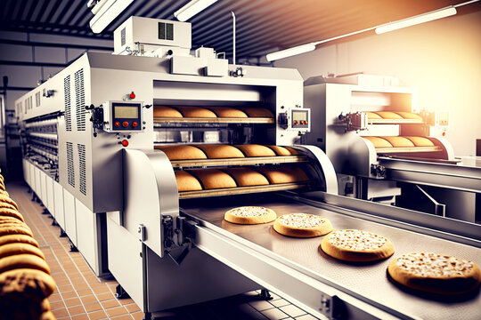 Fresh Bread In Bakery Factory, Food Production