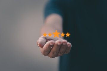 Customer service experience and business satisfaction survey. give five star symbol to increase...