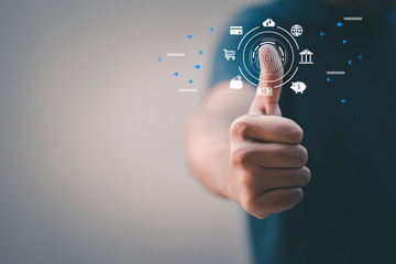 surveillance and security scanning of digital programs cyber futuristic applications. futuristic digital processing of biometric identification fingerprint scanner for access personal financial data. 