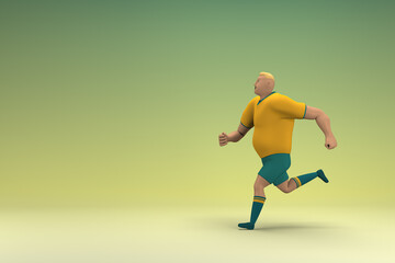 An athlete wearing a yellow shirt and green pants is runing. 3d rendering of cartoon character in acting.