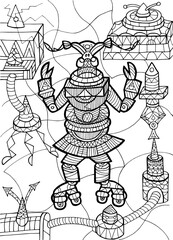 Insect coloring page for children. Sketch of an beetle in futuristic look with small details
