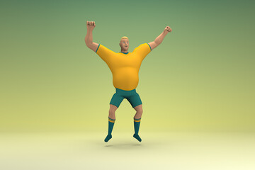 Fototapeta na wymiar An athlete wearing a yellow shirt and green pants is jumping. 3d rendering of cartoon character in acting.