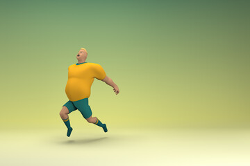 Naklejka na ściany i meble An athlete wearing a yellow shirt and green pants is jumping. 3d rendering of cartoon character in acting.