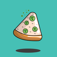 an image of a slice of pizza with toppings and over a light blue background