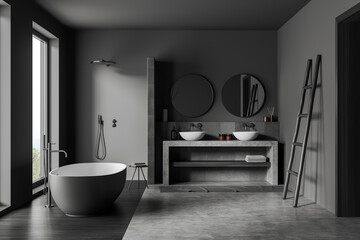 Grey bathroom interior with bathtub and two washbasins, shower and towel ladder