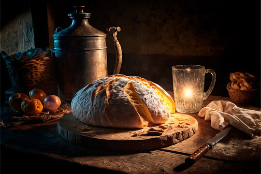Homemade Rustic Artisan Bread Or Italian Ciabatta , bread sourdough, rustic baked bread in wickerwork basket
