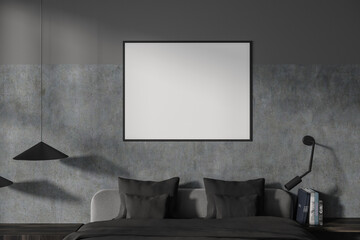 Grey bedroom interior with bed and minimalist decoration. Mockup frame