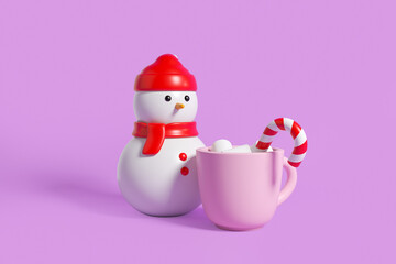Snowman with a cocoa drink, winter holiday