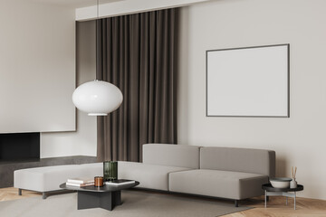 Corner view on bright living room interior with empty poster