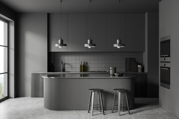 Front view on dark kitchen room interior with panoramic window