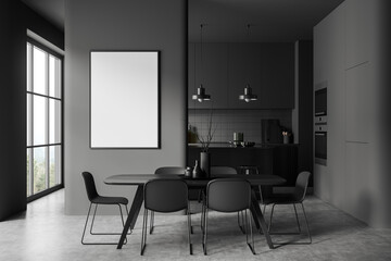 Grey kitchen interior with dining table and countertop near window. Mockup frame