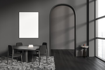 Grey dining room interior with table and chairs, panoramic window. Mockup frame