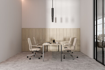 Modern office interior with workspace and laptop, business hall and window