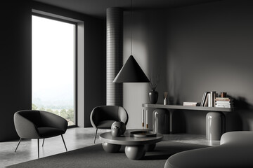 Grey chill room interior with soft place and decor, window. Mockup wall