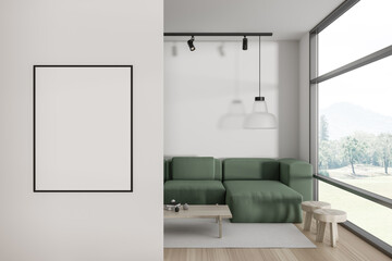 Light chill interior with couch and decor, panoramic window. Mockup frame