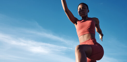 Running, start and black woman on a blue sky for fitness, training and sports energy with mockup...