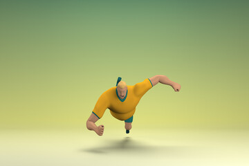 Fototapeta na wymiar An athlete wearing a yellow shirt and green pants. He is falling down. 3d rendering of cartoon character in acting.