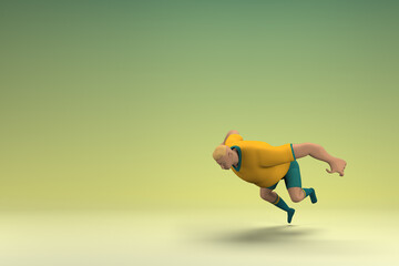 An athlete wearing a yellow shirt and green pants. He is falling down. 3d rendering of cartoon character in acting.