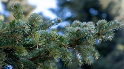 Naklejka na ściany i meble Fir tree branch close up, spruce needle, evergreen coniferous plant.