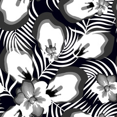 Simple nature floral seamless background with tropical palm leaves and floral plants foliage on dark background. Seamless pattern with hand drawn flowers. vintage design. Floral background. autumn