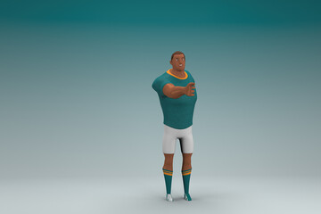 Obraz na płótnie Canvas An athlete wearing a green shirt and white pants is expression of hand when talking. 3d rendering of cartoon character in acting.