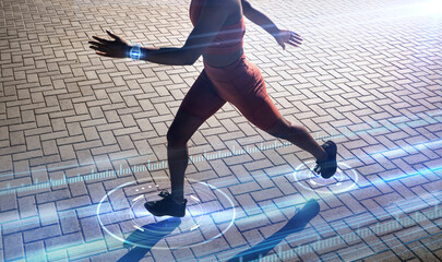 Woman, running or futuristic fitness tracking with smart watch technology for speed, body...