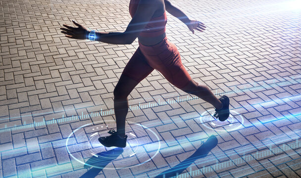 Woman, running or futuristic fitness tracking with smart watch technology for speed, body biometrics or city healthcare wellness. Runner, sports athlete or future time clock for 3d marathon software
