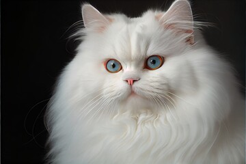 A fluffy white cat with blue eyes on a black background.