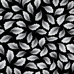 vintage abstract tropical leaves seamless pattern with gray monochromatic flower plants and foliage. summer floral print on dark background. coconut branches and monstera leaves. 