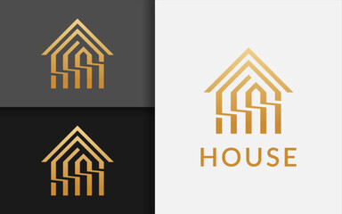 Abstract House Logo Design with Minimalist Golden Lines Combination Concept.